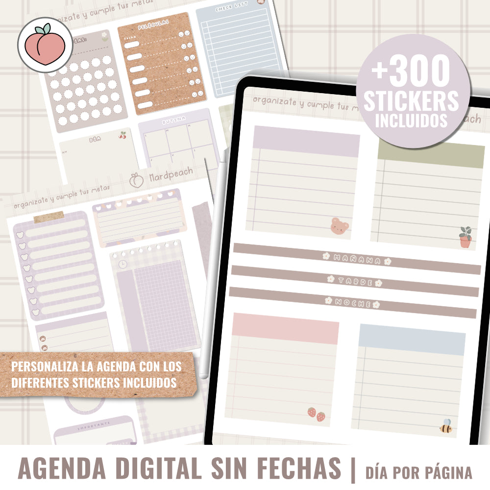 AGENDA DIGITAL SIN FECHAS Y REUTILIZABLE: agenda vista día con stickers y extras para organizar tus planes y proyectos