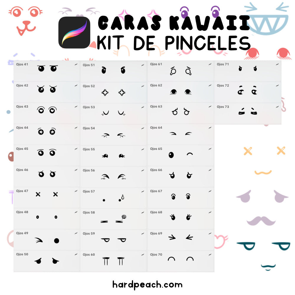 KIT DE PINCELES PARA PROCREATE: Caras kawaii y adorables. Perfectos para ilustraciones digitales de personajes tiernos y expresivos