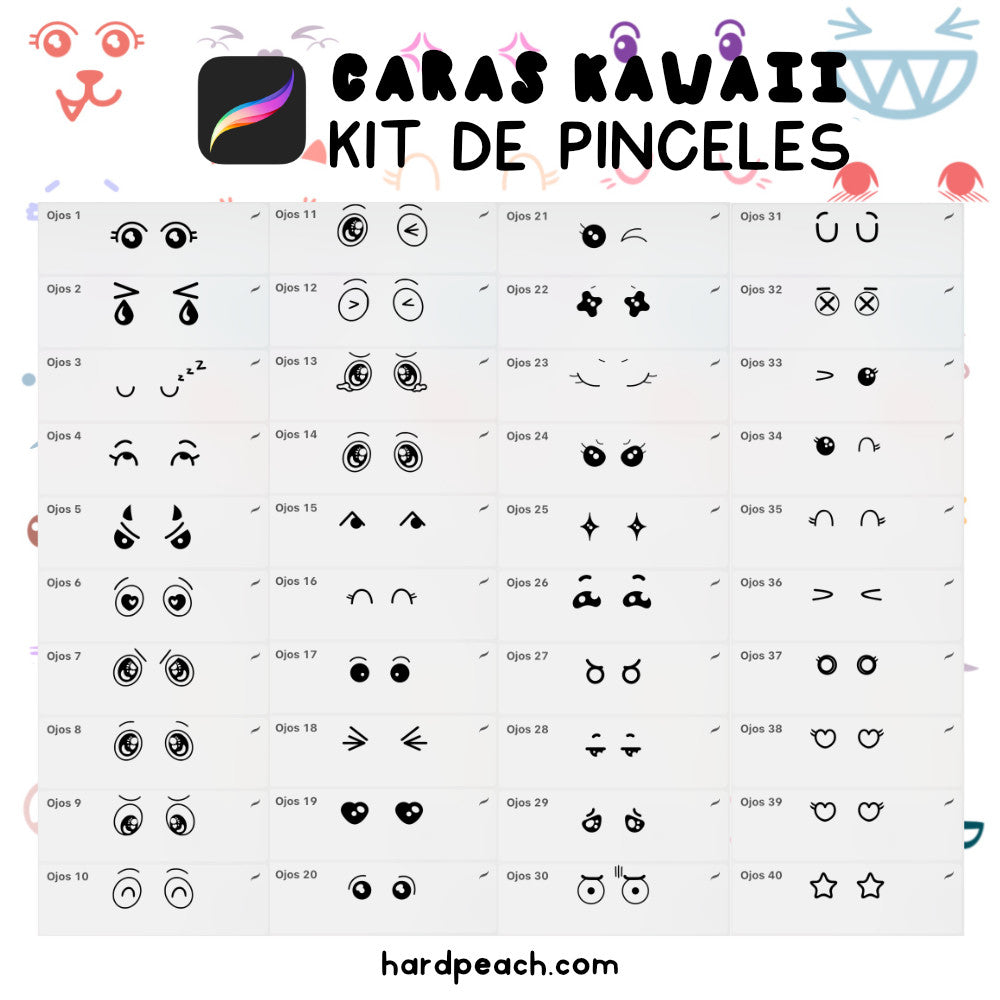 KIT DE PINCELES PARA PROCREATE: Caras kawaii y adorables. Perfectos para ilustraciones digitales de personajes tiernos y expresivos