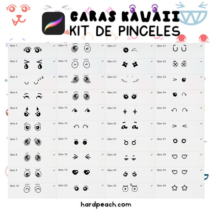 KIT DE PINCELES PARA PROCREATE: Caras kawaii y adorables. Perfectos para ilustraciones digitales de personajes tiernos y expresivos