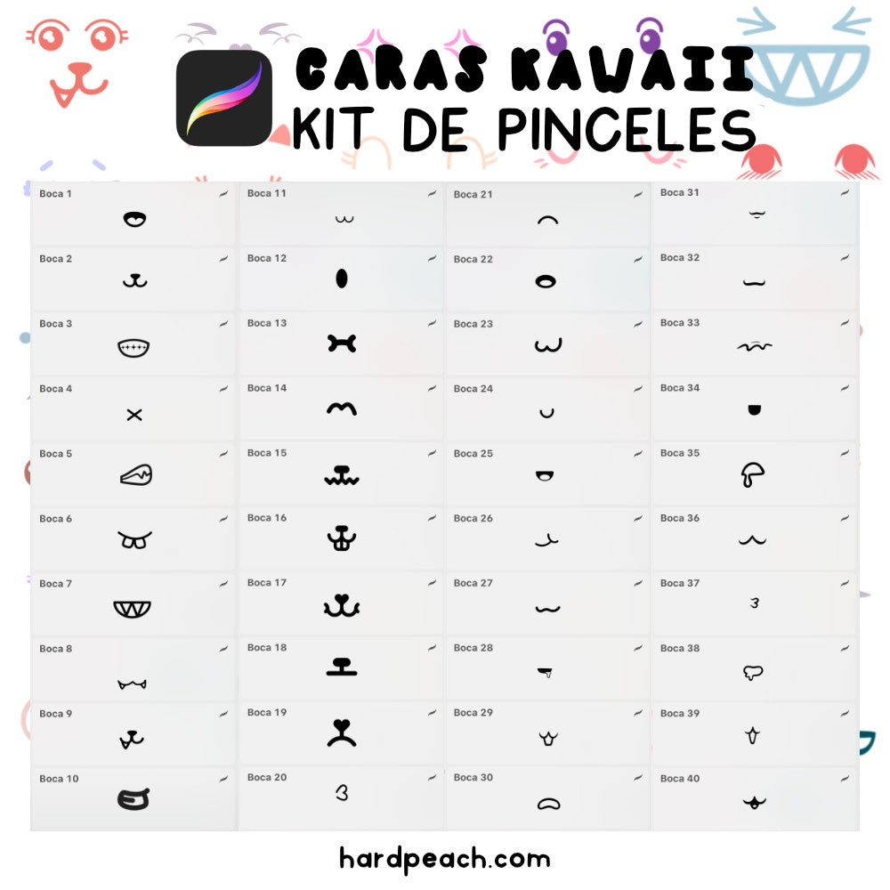 KIT DE PINCELES PARA PROCREATE: Caras kawaii y adorables. Perfectos para ilustraciones digitales de personajes tiernos y expresivos