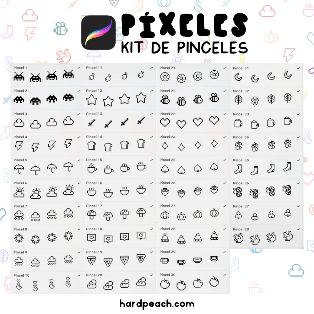 KIT DE PINCELES PARA PROCREATE: Estilo Píxel. Perfectos para crea ilustraciones pixel art, decoraciones y proyectos digitales
