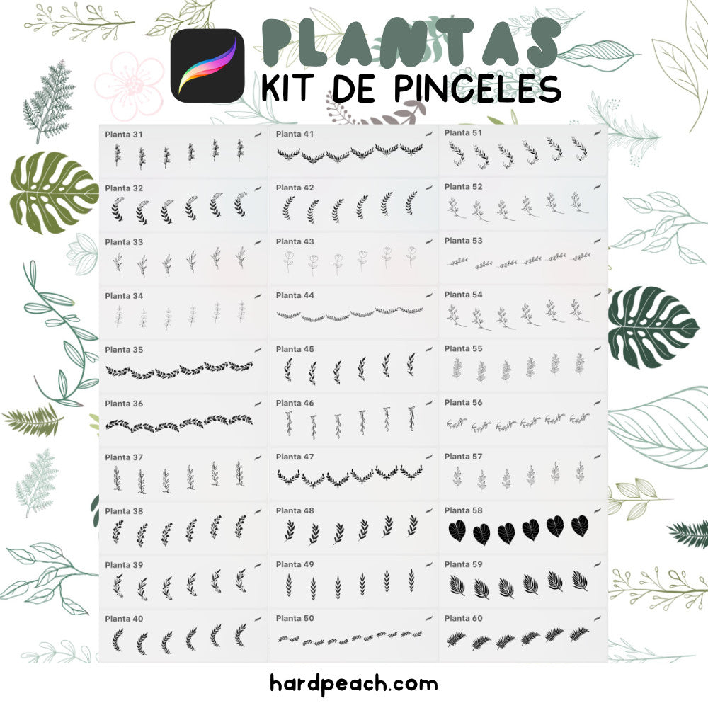 KIT DE PINCELES PARA PROCREATE: Plantas y hojas. Perfectos para ilustraciones botánicas, fondos y detalles naturales