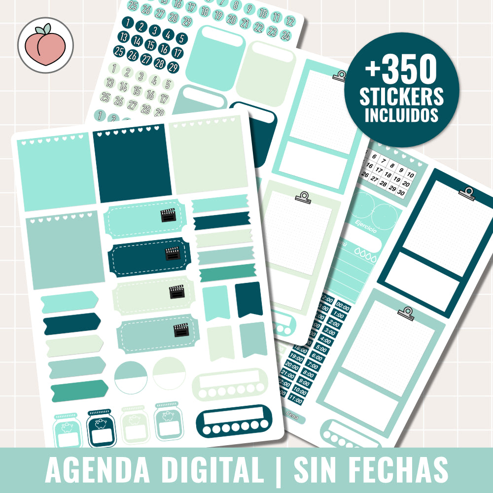 AGENDA DIGITAL SIN FECHAS Y REUTILIZABLE: MINIMALISTA EDICIÓN MENTA | AGENDA DÍA POR PÁGINA CON STICKERS INCLUIDOS