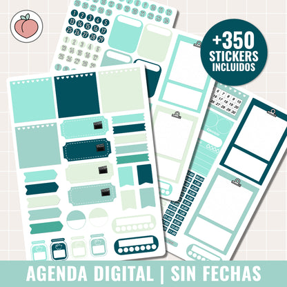 AGENDA DIGITAL SIN FECHAS Y REUTILIZABLE: MINIMALISTA EDICIÓN MENTA | AGENDA DÍA POR PÁGINA CON STICKERS INCLUIDOS