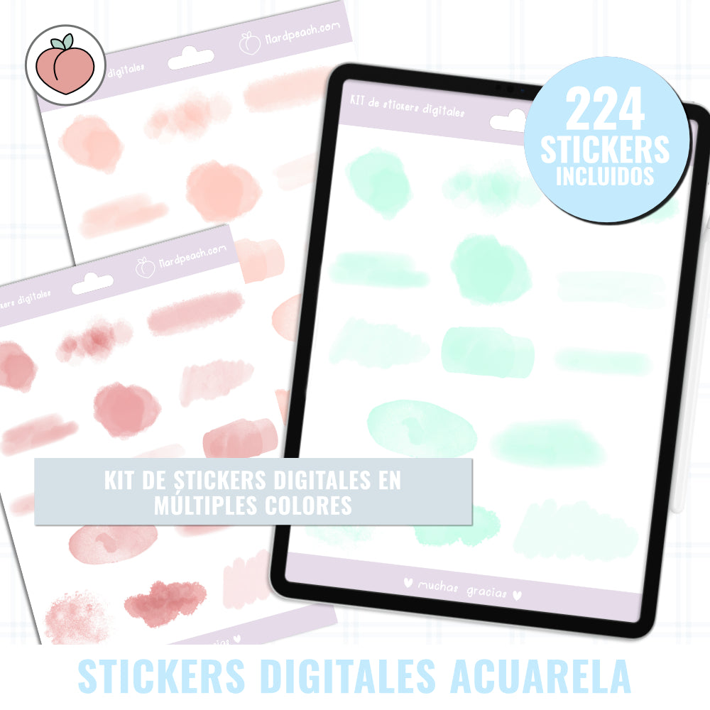 STICKERS DIGITALES EFECTO ACUARELA. Colección perfecta para bullet journals, apuntes, agendas y proyectos creativos